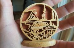 7. Trout medal -bamboo coaster and plywood