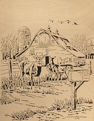 Deer and Barn from painting by Rosemary Millette.JPG